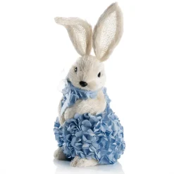 Conejo De Pascua Decorativo De Espuma Dura Y Sisal Con Vestido De Hortensias Azul 30 Cm
