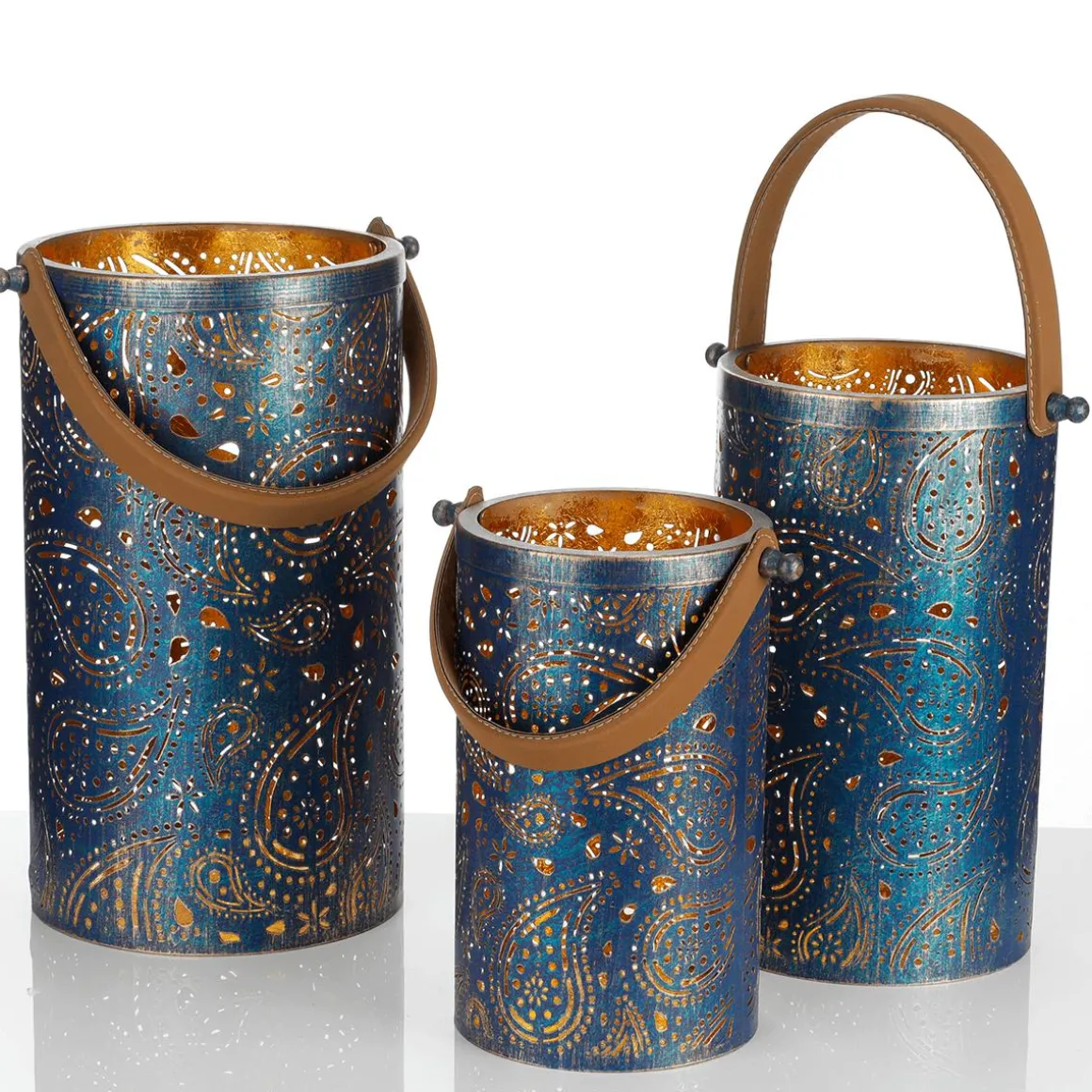 Linternas Redondas De Metal 3 Piezas Oro Azul