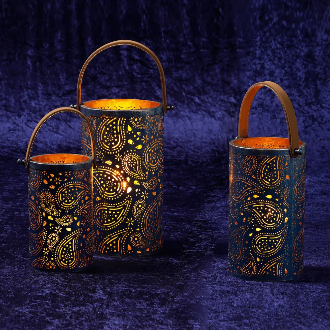 Linternas Redondas De Metal 3 Piezas Oro Azul