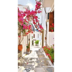Pancarta De Tela Ignífuga "Callejón Del Mediterráneo Con Buganvilla" De Tela De Bandera 100 X 200 Cm
