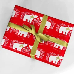 Papel De Regalo Navideño Sostenible De Color Rojo Con Osos Polares Blancos - Bobina De Papel De Regalo De 50 M