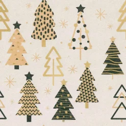 Papel Kraft Reciclado Con árboles De Navidad En Beige, Negro Y Dorado - Bobina De Papel De Regalo De 50 M
