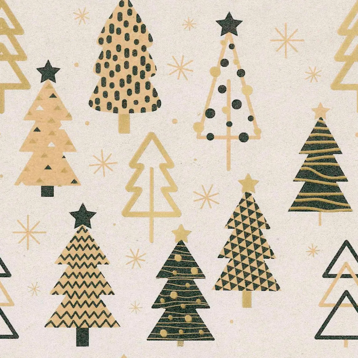 Papel Kraft Reciclado Con árboles De Navidad En Beige, Negro Y Dorado - Bobina De Papel De Regalo De 50 M