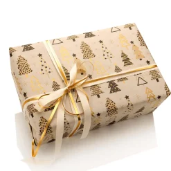 Papel Kraft Reciclado Con árboles De Navidad En Beige, Negro Y Dorado - Bobina De Papel De Regalo De 50 M