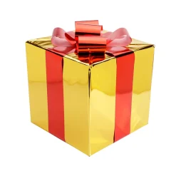 Regalo De Navidad 40 Cm Dorado Con Lazo Rojo