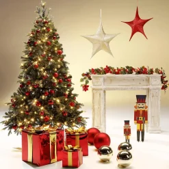 Tela Decorativa Estrella Plegable Purpurina Roja Con Cremallera, 40 Cm